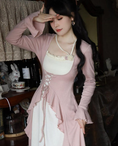 Autumn Sweet Vintage Knitting Dress Women Ruffles Designer Korean Party Midi Dress Female Flare Sleeve Kawaii Elegant Dress