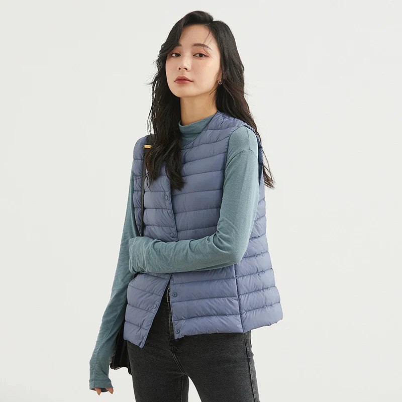 Winter Light Thin Down Short Vest Jacket Women 90% White Duck Down Warm Sleeveless Coat Single Slim Underwaist Outwear