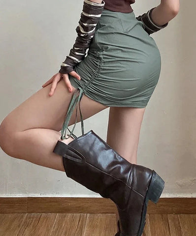 Army Green Retro Pleats All-Match Sexy Mature Hot Self-Cultivation Feminine Street Outing Women'S Short Skirt