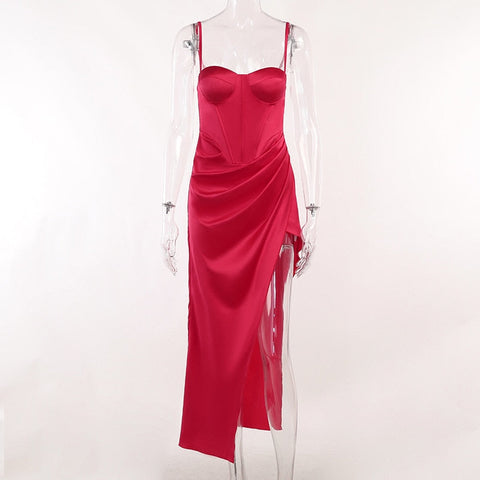 Elegant Satin Hight Split Dress Women Fashion Sexy Spaghetti Strap Ruched Backless Long Evening Dress Party Vestido