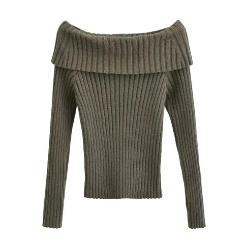 Autumn Winter Solid Color Rib Knitted Off the Shoulder Pullover Sweater Sexy Women Full Sleeve Slim Stretch Knitwear Jumper