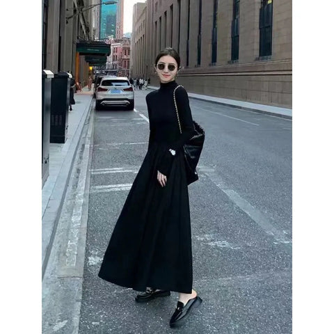 New French Style Temperament Women's High-Grade Black Dress Hepburn Style Gray Turtleneck Dress for Women Autumn and Winter