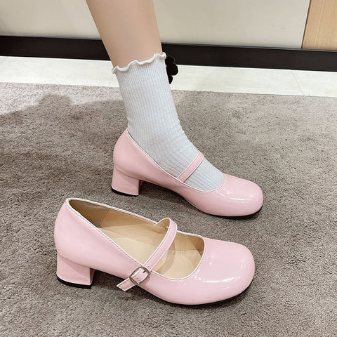 Women Shoes High Heels Mary Janes Shoes Patent Leather Thick Heel Pumps Buckle Round Toe Female Footwear White Red