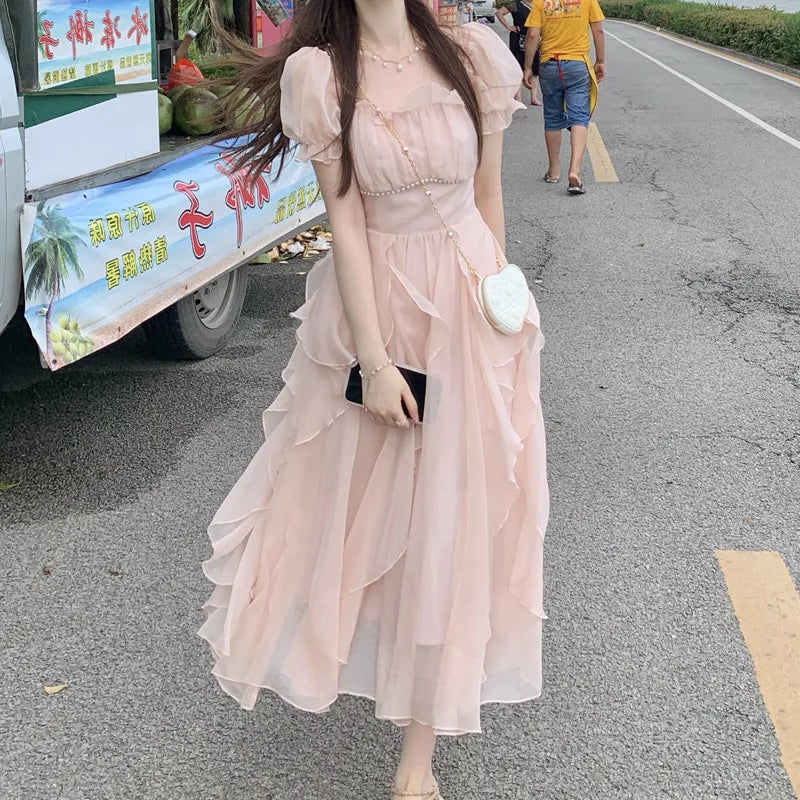 Women's Summer Dress Chiffon Fairy Solid Chic Party Midi Dress 2023 New Korean White Elegant High Waist Slim Long Skirt Y2k