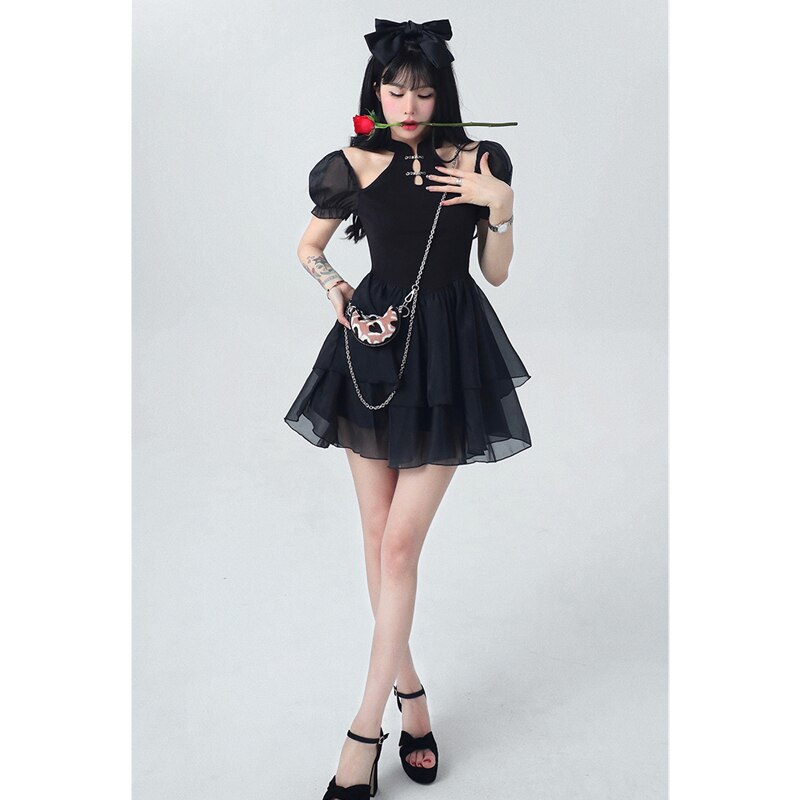 Chinese Dress Women Summer New Sexy Puff Short Sleeves Short Skirt Black Fashion Gothic Streetwear Design Fishbone Skirt Dress