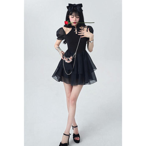 Chinese Dress Women Summer New Sexy Puff Short Sleeves Short Skirt Black Fashion Gothic Streetwear Design Fishbone Skirt Dress