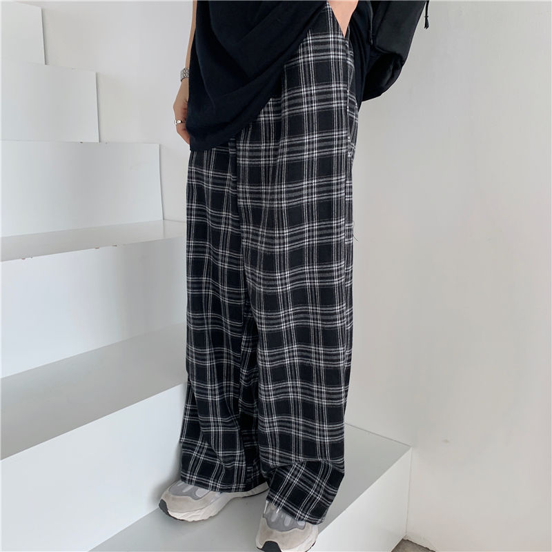 Black and Pink Plaid Pants Oversize Women Pants High Waist Loose Wide Leg Trousers Ins Retro Teens Straight Trousers Streetwear