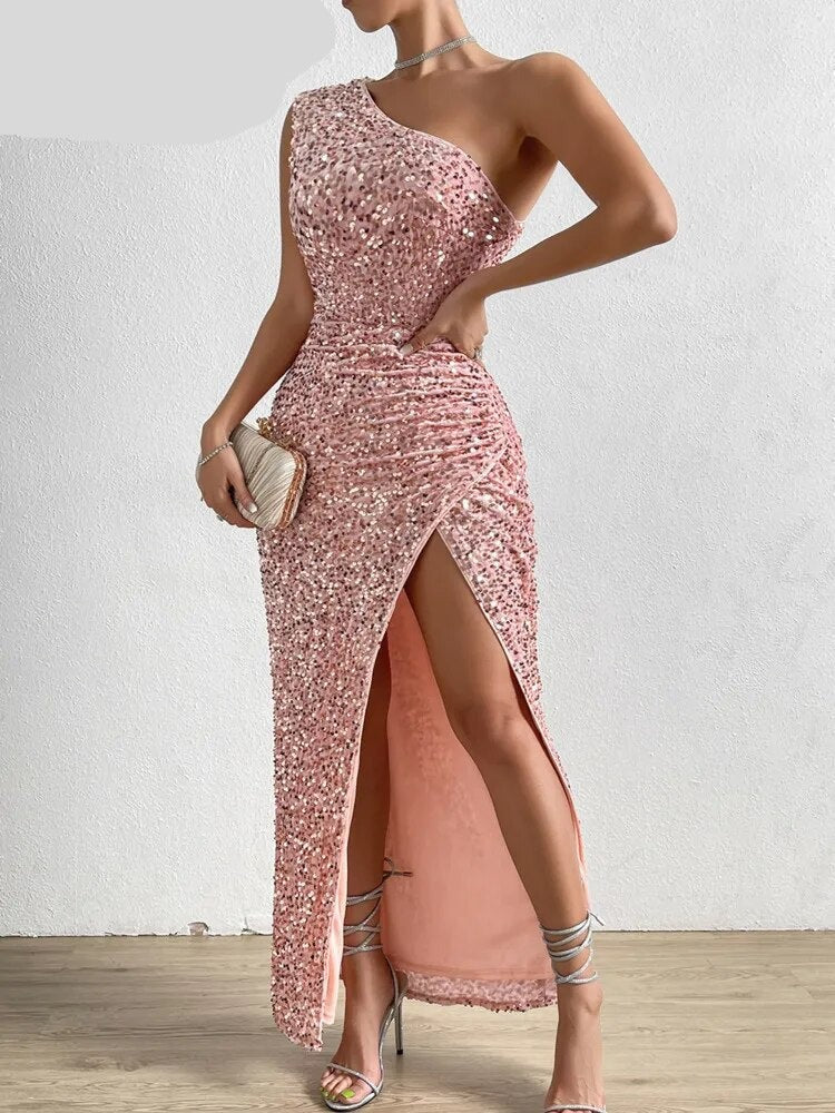 Pink Sequin Summer Dress For Women One Shoulder Ruched Slim Maxi Long Dresses Female Backless Sexy Party Vestidos