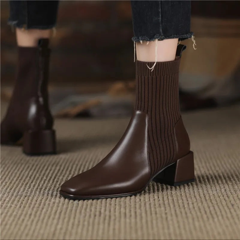 Autumn Winter Ankle Socks Shoes Women Fashion Short Boots Knitted Short Boots Women Slip On High Heels Botas De Mujer