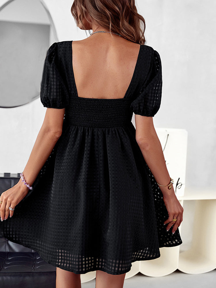 Elegant Solid Puff Short Sleeve Mini Beach Dress Summer Square Collar Hem Party Dress New Women Chic Office Commute A-line Dress