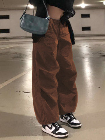 Y2K Streetwear Drawstring Cargo Parachute Pants Hippie Harajuku Loose Draped Low Waist Tech Sporty Trousers Oversize