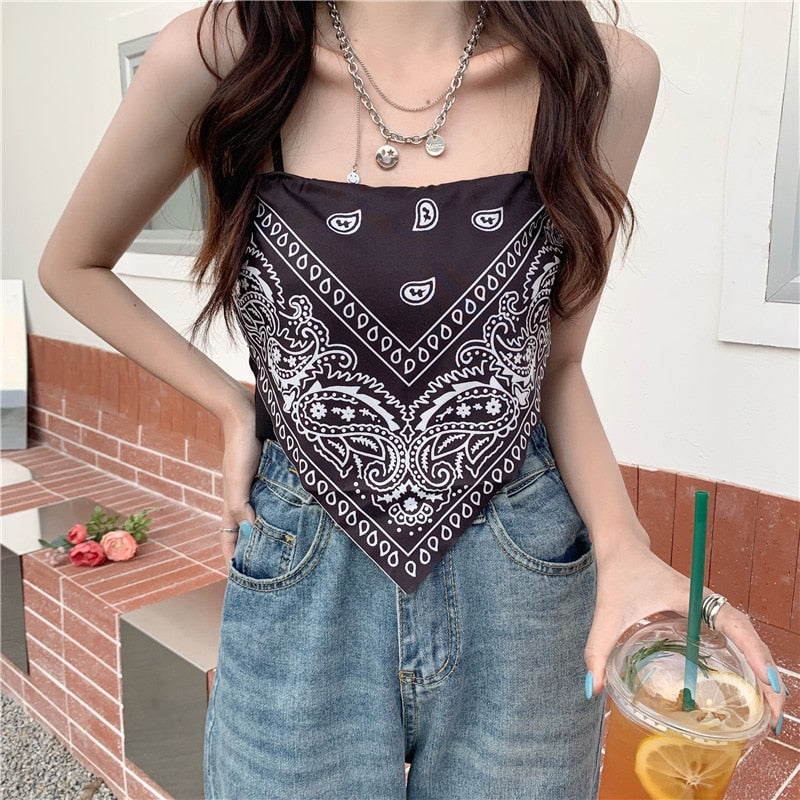 Retro Camisole Summer Short Triangle Top Mercerized Cotton Paisley Printed Indie Folk Woman Sexy Spaghetti Camis Crop Tops Pbong mid size graduation outfit romantic style teen swag clean girl ideas 90s latina aesthetic