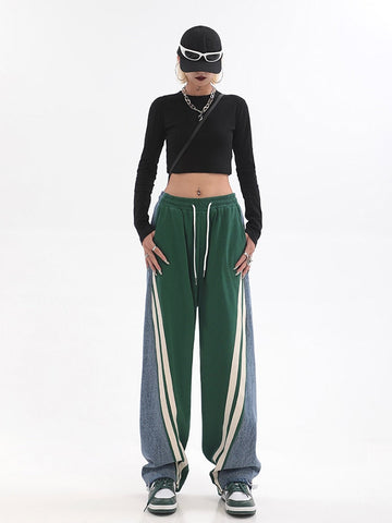 Women Autumn Winter High Waist Contrast Color Drawstring Tie Up Sweatpants High Street Wide Leg Straight Cylinder Lady Trousers