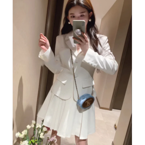 White Casual Blazer Mini Skirt 2 Piece Set Women Korean Fashion Single Breasted Jacket Pleated Dress Elegant Office Lady Suits