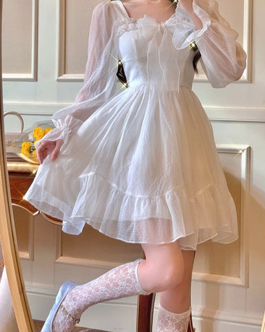 French Sweet Fairy Lolita Dress Women Long Sleeve Lace Y2k Mini Dress Vintage Kawaii Clothes One Piece Dress Korean Summer