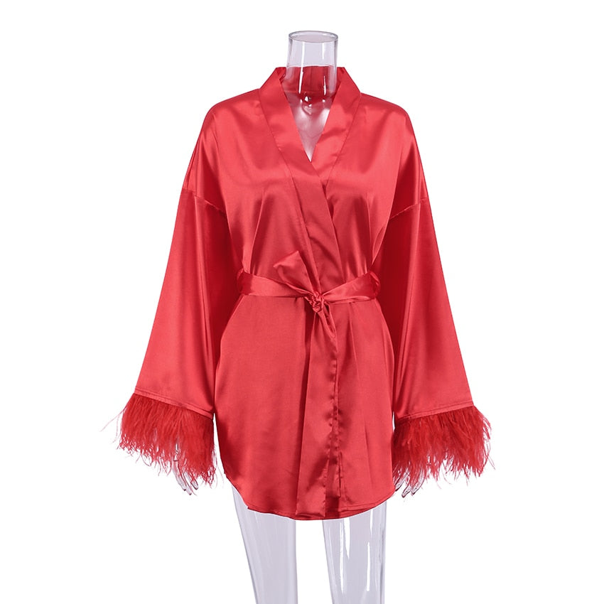 Feather Bathrobes Satin Sexy Mini Dress Long Sleeve Loose For Women Robe White Wedding Dress Black Bride Dresses