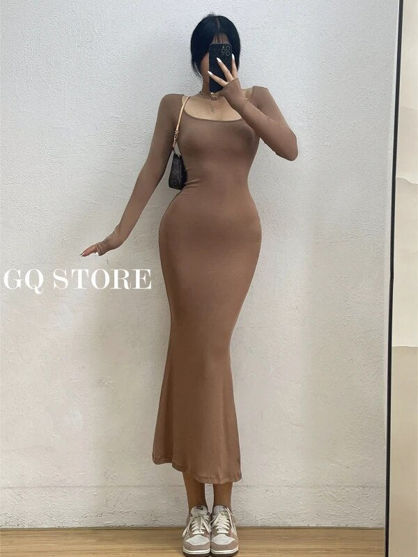 Sexy Square Collar Long Sleeve Fishtail Dress Tight Figure Wrap Hip Super Long Dresses Fashion Korean Tops