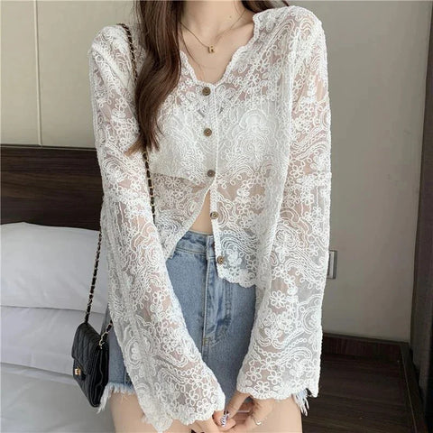 Vintage Lace Blouse Women Sheer Long Sleeve Sunscreen Shirt Cardigan Vacation Korean Elegant Casual Sun Protection Top