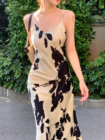 Vintage Elegant Print Spaghetti Strap Midi Dress for Women Party Fashion One Piece Bodycon Prom Robe Vestidos Summer