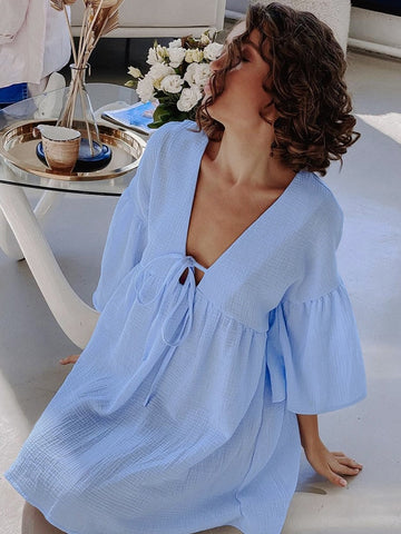 Peplum Half Sleeve Cotton Night Dress Women V Neck Sleepwear Female Summer Casual Woman Dresses Loose Solid Pajamas