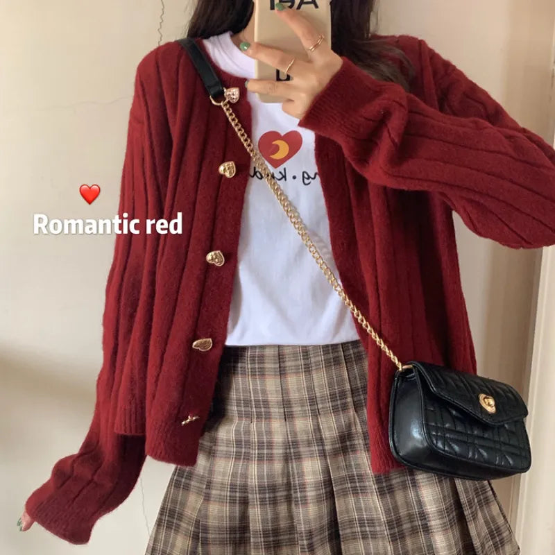 Kawaii Woman Sweaters Knitted Cardigan Winter Korean Fashion Cute Heart Buttons Long Sleeve Burgundy Red White Sweater Tops