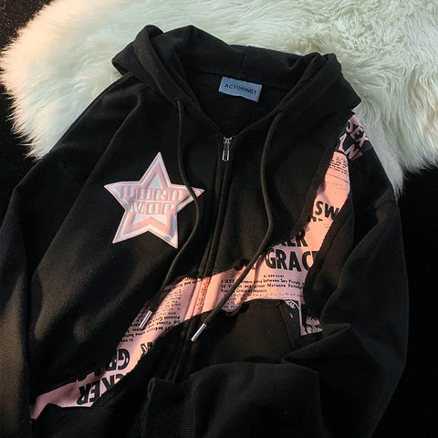 Deeptown Y2K Vintage Zip Up Hoodies Women Harajuku Hip Hop Letter Print Sweatshirts Gothic Streetwear Loose Patchwork Tops Coats