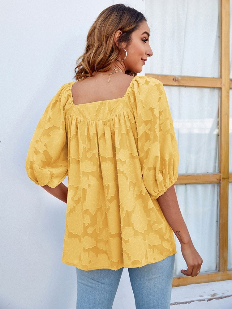 Summer Floral Decal Blouse Women Fashion Square Collar Half Sleeve Loose Casual Elegant Tops Lady Office Chiffon Shirt