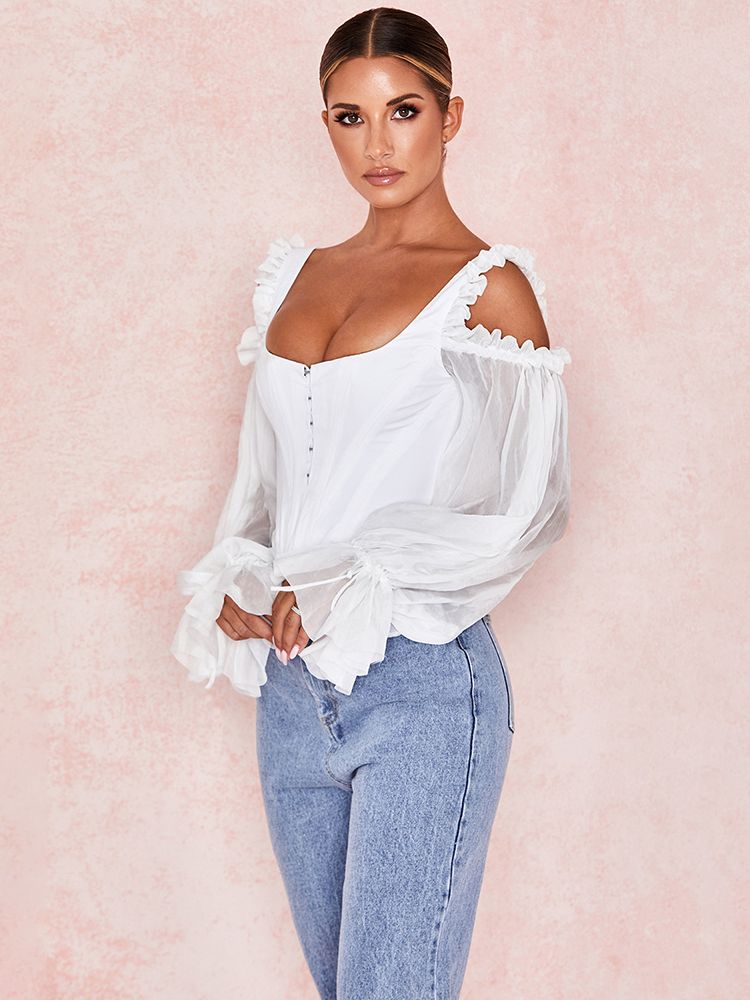 Pbong mid size graduation outfit romantic style teen swag clean girl ideas 90s latina aestheticSexy Women Tops White Spaghetti Strap Off Shoulder Mesh Top Wholesale Ruffle Sleeves Sweet Camis Party Club