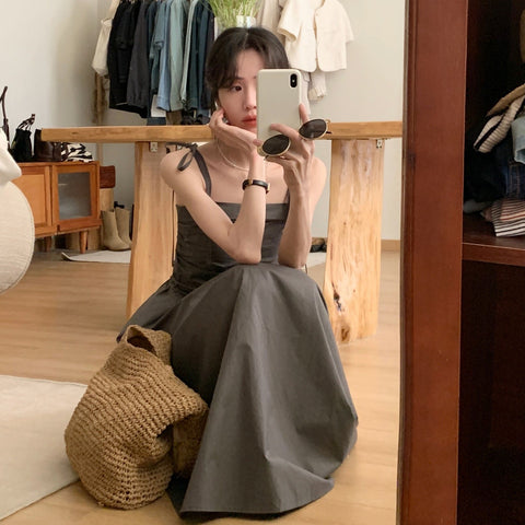 Dress Women Sleeveless A-line Holiday Leisure Pure Chic Sexy Elegant Princess Korean Style Sweet Young Lady Ankle-length Vestido