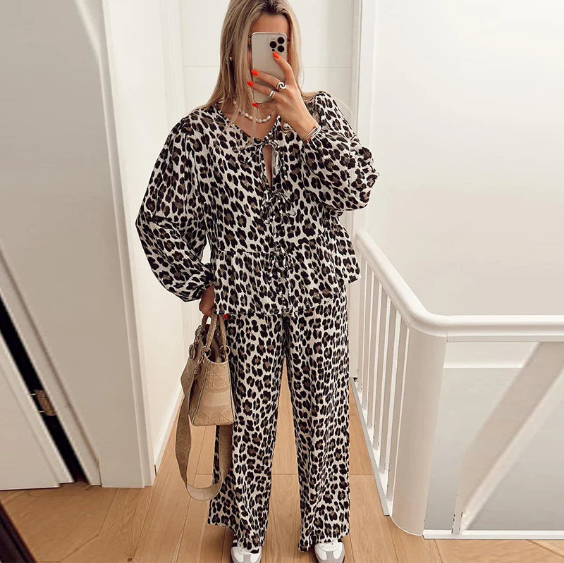 Leopard Print Women's 2-piece Pants Set Lace Up Lantern Sleeve O-neck Top Loose High Waist Pant  Spring Lady Casual Outfits