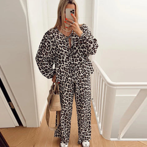 Leopard Print Women's 2-piece Pants Set Lace Up Lantern Sleeve O-neck Top Loose High Waist Pant  Spring Lady Casual Outfits