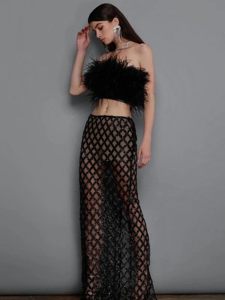 Sexy Luxury Sequins Feather Strapless Top+ Skirt Two Piece Set White Black Off Shoulde Sequins Mesh Splice Bodycon Two Piece Set