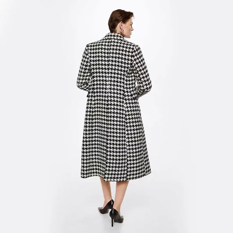 Fashion Houndstooth Faux Wool Jacket Women Autumn Korean Elegant Single Breasted Long Overcoat Winter Thick Warm Blend Outwear