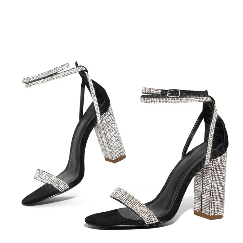 Fashion Glitter Rhinestones Square High Heels Sandals Summer Open Toe Crystal Ankle Strap Women Party Prom Shoes Sandalias