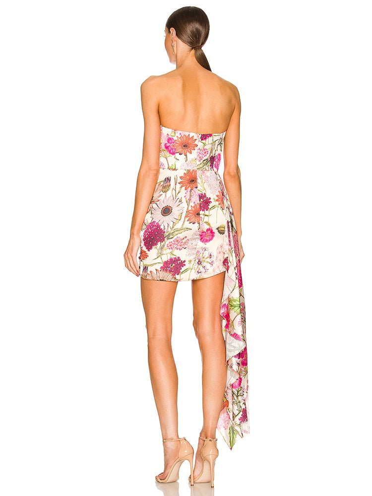 Sexy Strapless Floral Print Mini Dress Summer Women Off Shoulder Irregular Draped Flower Bodycon Dress Evening Club Party