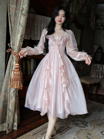 Autumn Vintage Party Midi Dress Women Pink Fairy Korean Style Sweet Dress Female Bubble Sleeve Elegant Evening Party Dress