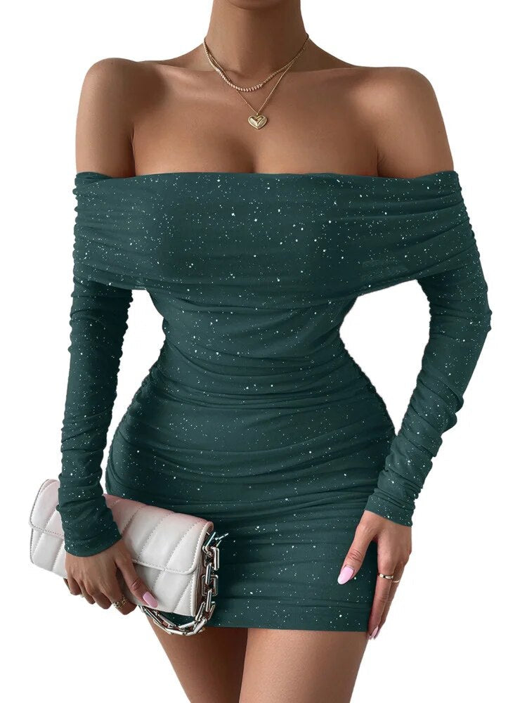 Glitter Pink Mini Dress For Women Off Shoulder Long Sleeves Autumn Vestidos Ruched Bodycon Ruched Sexy Party Dresses