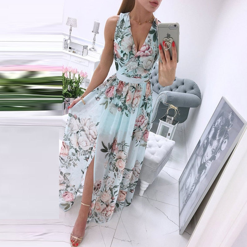 New Sexy V-Neck Women Sleeveless Solid Party Dress Casual Draped Festive Dress Elegant Summer Chiffon Wrap Slit Maxi Dress Mujer