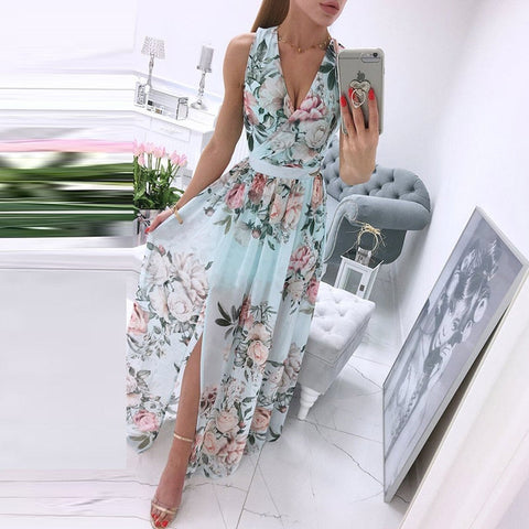 New Sexy V-Neck Women Sleeveless Solid Party Dress Casual Draped Festive Dress Elegant Summer Chiffon Wrap Slit Maxi Dress Mujer