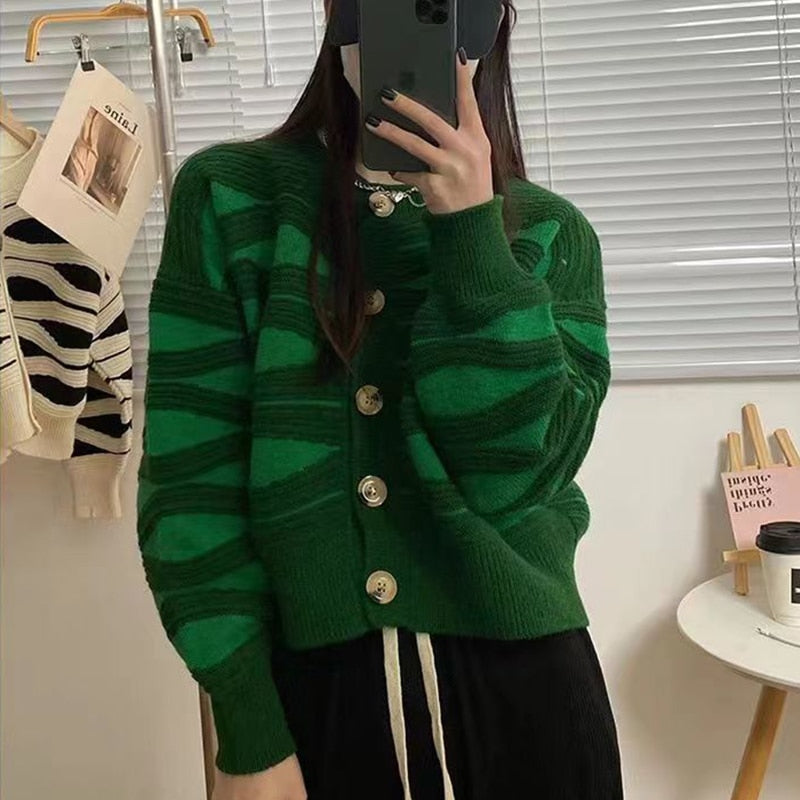 Women Wave Stripe Sweater Cardigan Autumn Long Sleeve Knitted Cardigans Lazy Sweater Female Single Breasted Knit Coat