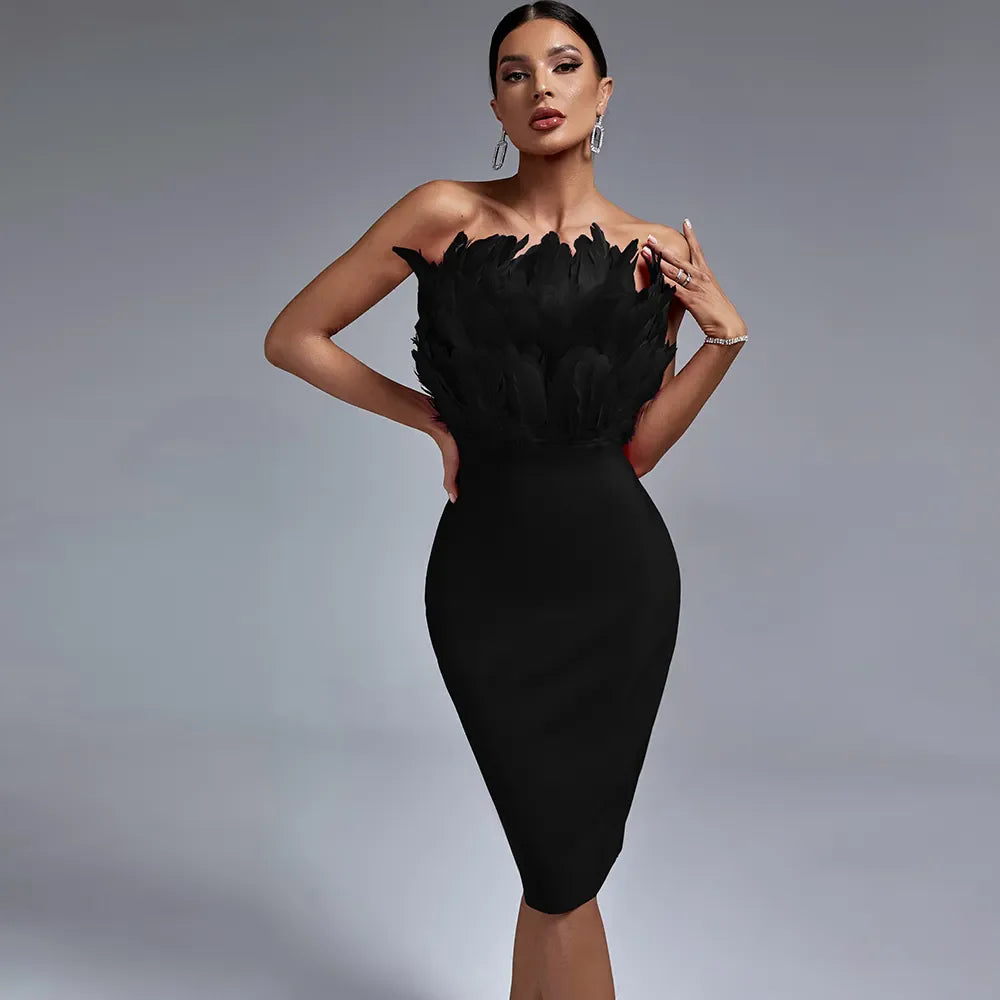 Red Bandage Dress Women Feather Party Dress Bodycon Elegant Midi Sexy Strapless Evening Birthday Club Outfits Summer