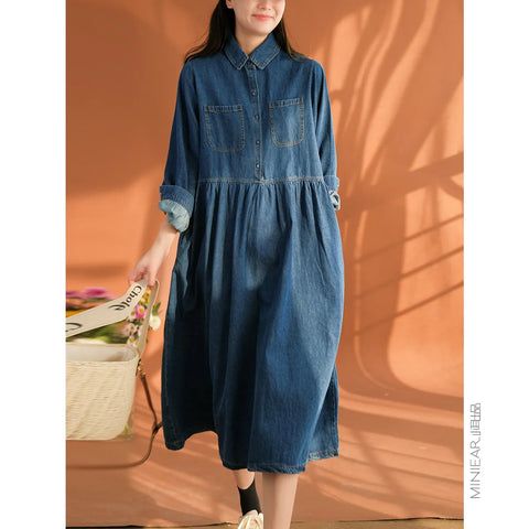 Autumn New Loose Retro Casual Commuter Outwear Mid Length Cotton Denim Large Pocket Solid Elegant Long Sleeve Dress