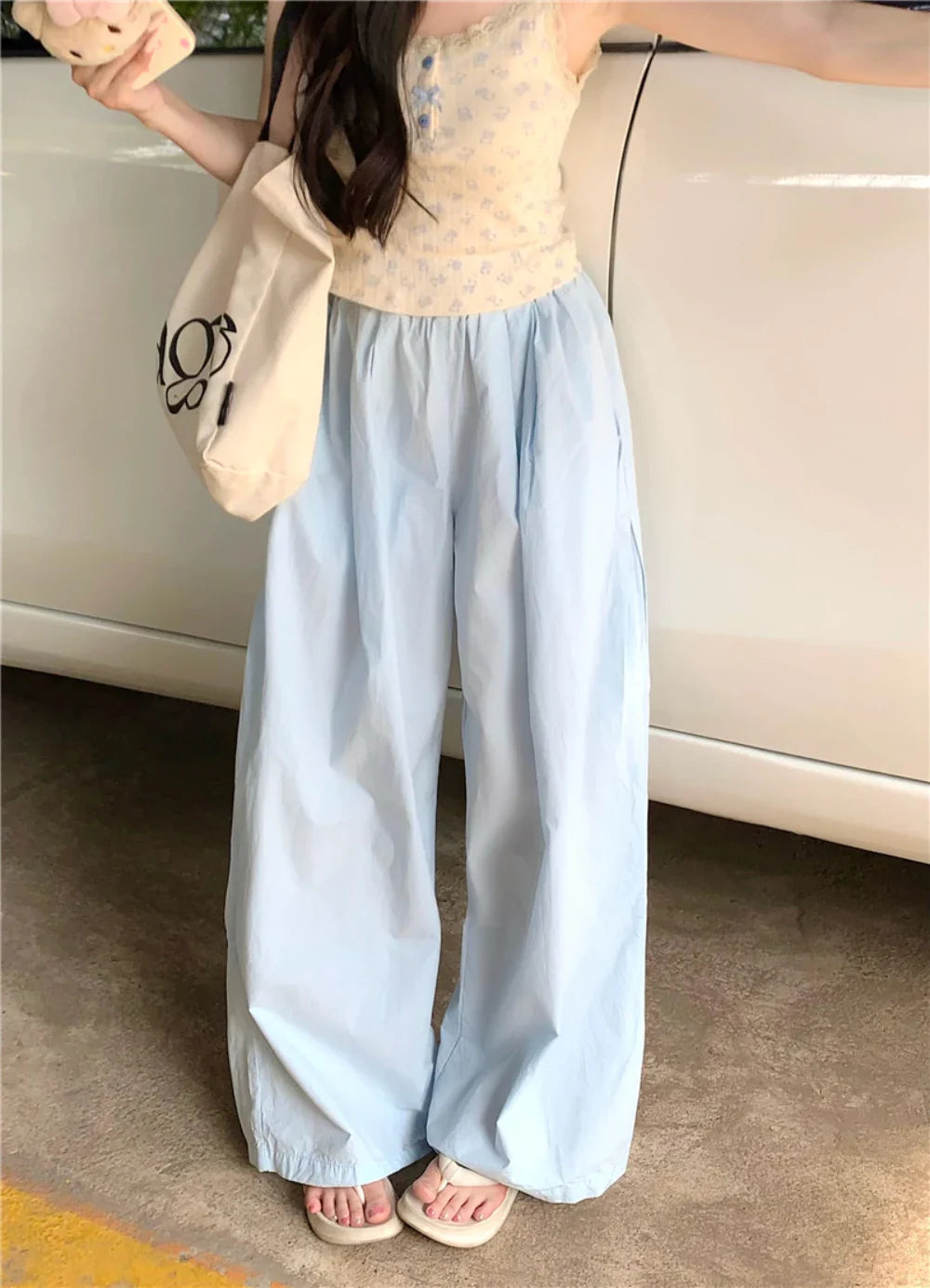 Summer New Niche Personality Campus Fresh Sky Blue Breathable Thin Wide Leg Pants Women Show Long Legs