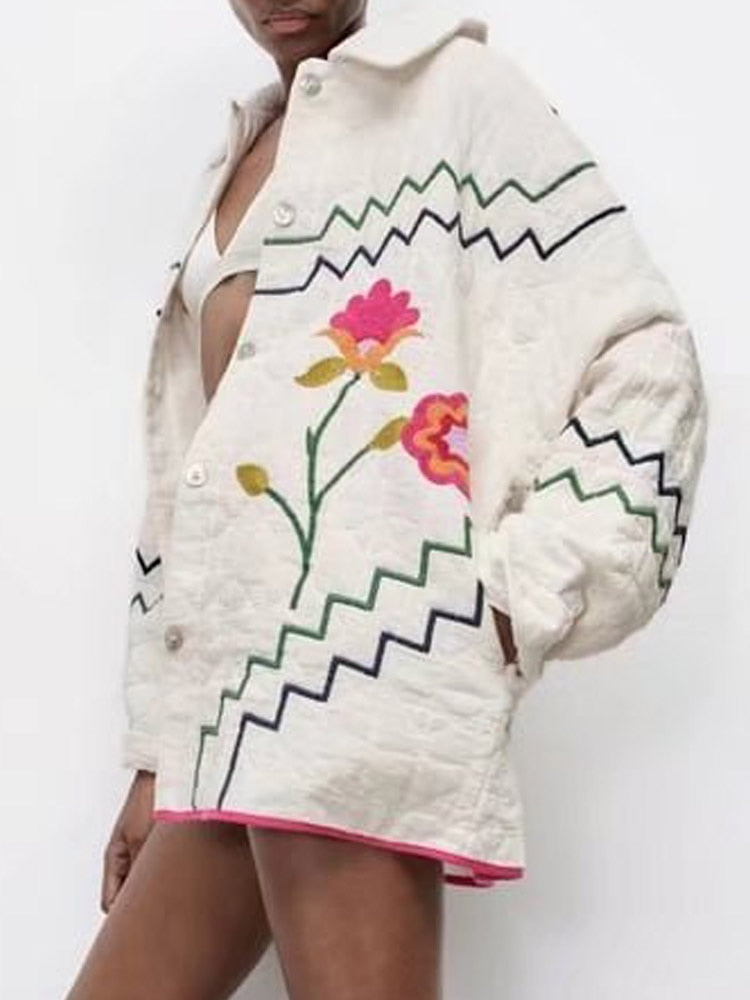 Spring Autumn Women Loose Shirts Jackets Coats Fashion Floral Embroidery Female Vintage Street Jacker Outerwear