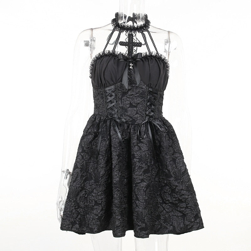 Goth Dark Gothic Emo Jacquard A-line Dresses Elegant Grunge Ruched Bandage Partywear Punk Black Women Halloween Club Dress