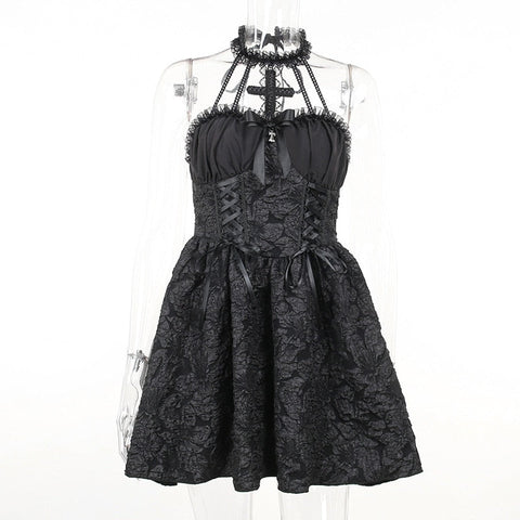 Goth Dark Gothic Emo Jacquard A-line Dresses Elegant Grunge Ruched Bandage Partywear Punk Black Women Halloween Club Dress