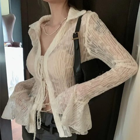 Sexy Transparent Blouse Women Lace Korean Fashion Harajuku Long Sleeve See Through Black Goth Slim Shirts Y2k Aesthetic