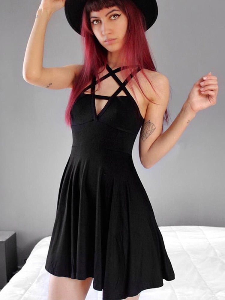 Pbong mid size graduation outfit romantic style teen swag clean girl ideas 90s latina aesthetic Fitshinling Pentagram Strap Gothic Dress Women Punk Grunge Sexy A-Line Dark Summer Dresses Hot Sale Pleated Slim Street Style