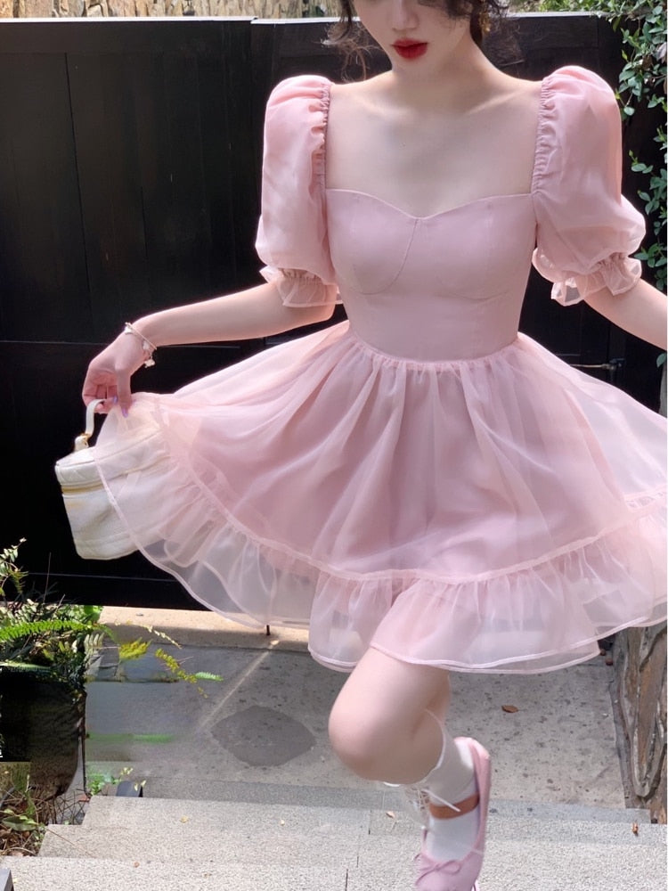 Pink Sweet Midi Dress Woman Casual French Elegant Party Dress Beach Summer Office Lady One Piece Dress Korean Fashion Chic