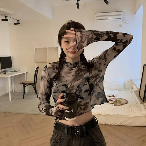 Long Sleeve T-shirts Women Tie-dye Printed Summer Sun-proof Cropped Tops Fashion High Street Gauze Korean Style Chic Teens Retro